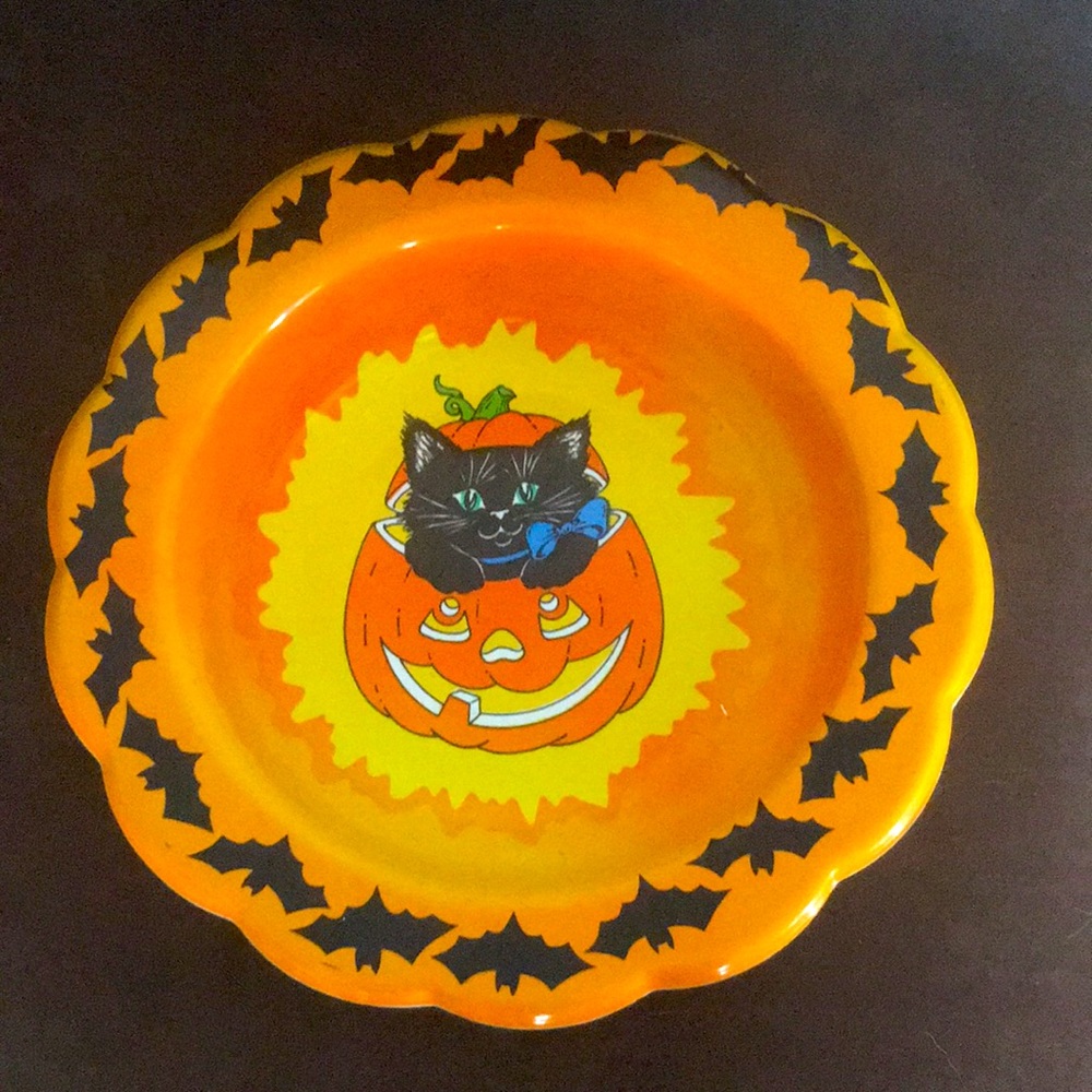 Vintage Rare Halloween Themed Hard Plastic Bowl - Jack O' Lantern, Cat & Bats